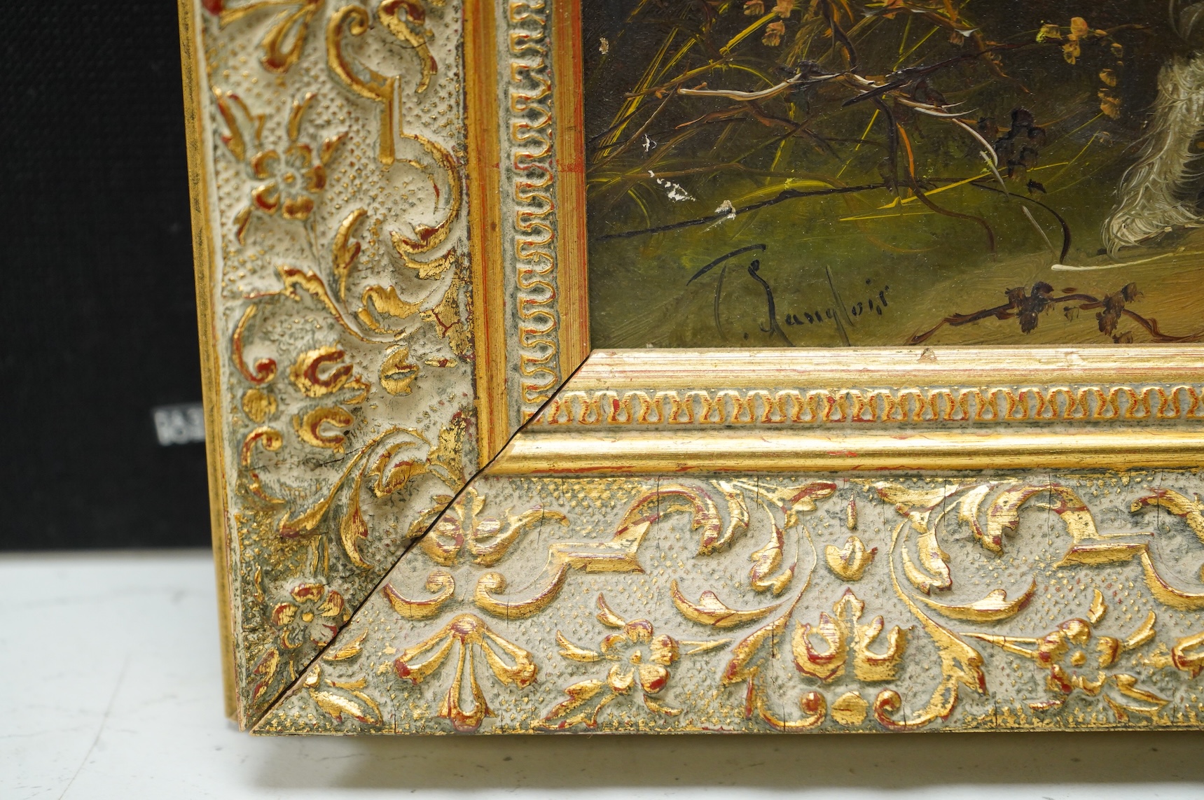 J. Langlois (1855-1904), Terriers rabbiting, signed, oil on canvas, gilt framed, 23 x 34cm